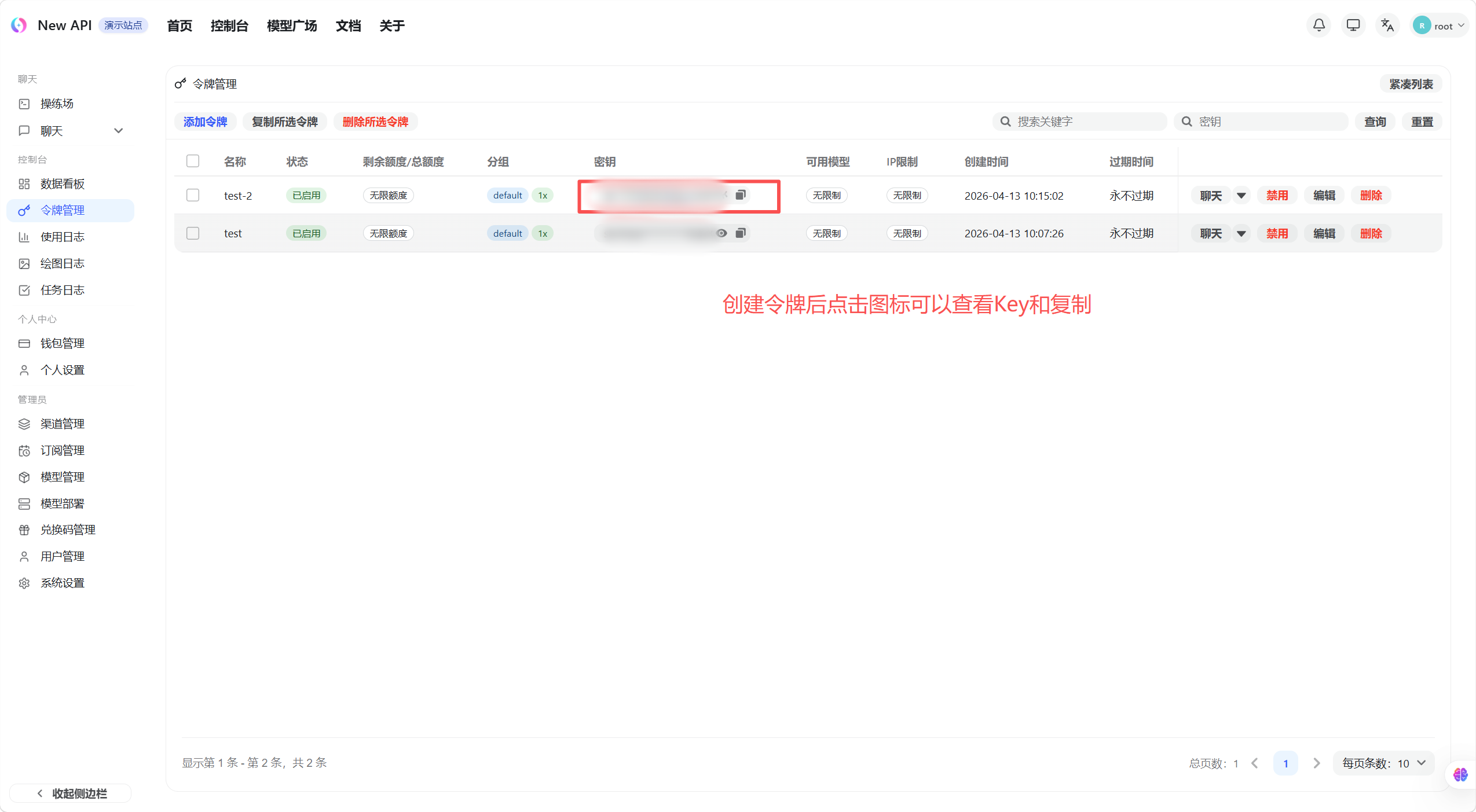 令牌创建成功，显示完整 Key